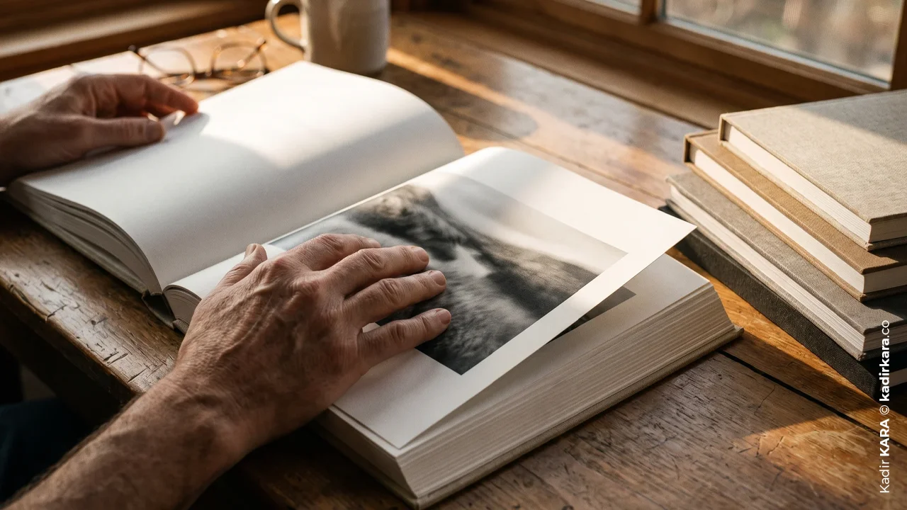 A black-and-white print being examined by hand next to a pair of glasses and a coffee cup on a wooden table.