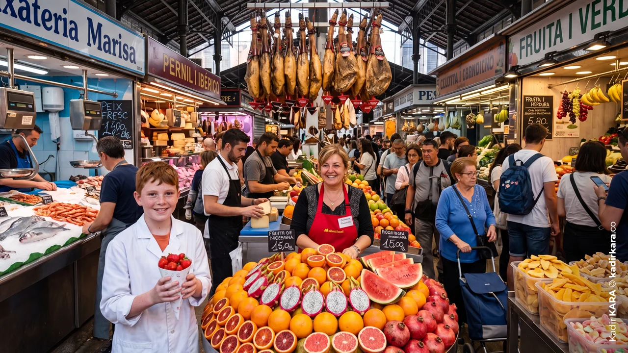 A fruit stall and hanging hams in an indoor market are illuminated by soft, shadowless light.