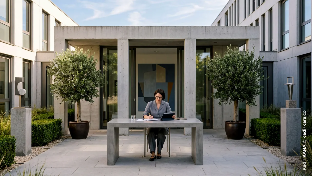 A woman working in a courtyard reflecting symmetrical balance among olive trees.