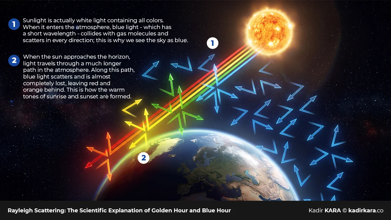A scientific diagram showing how sunlight changes color in the sky through Rayleigh scattering