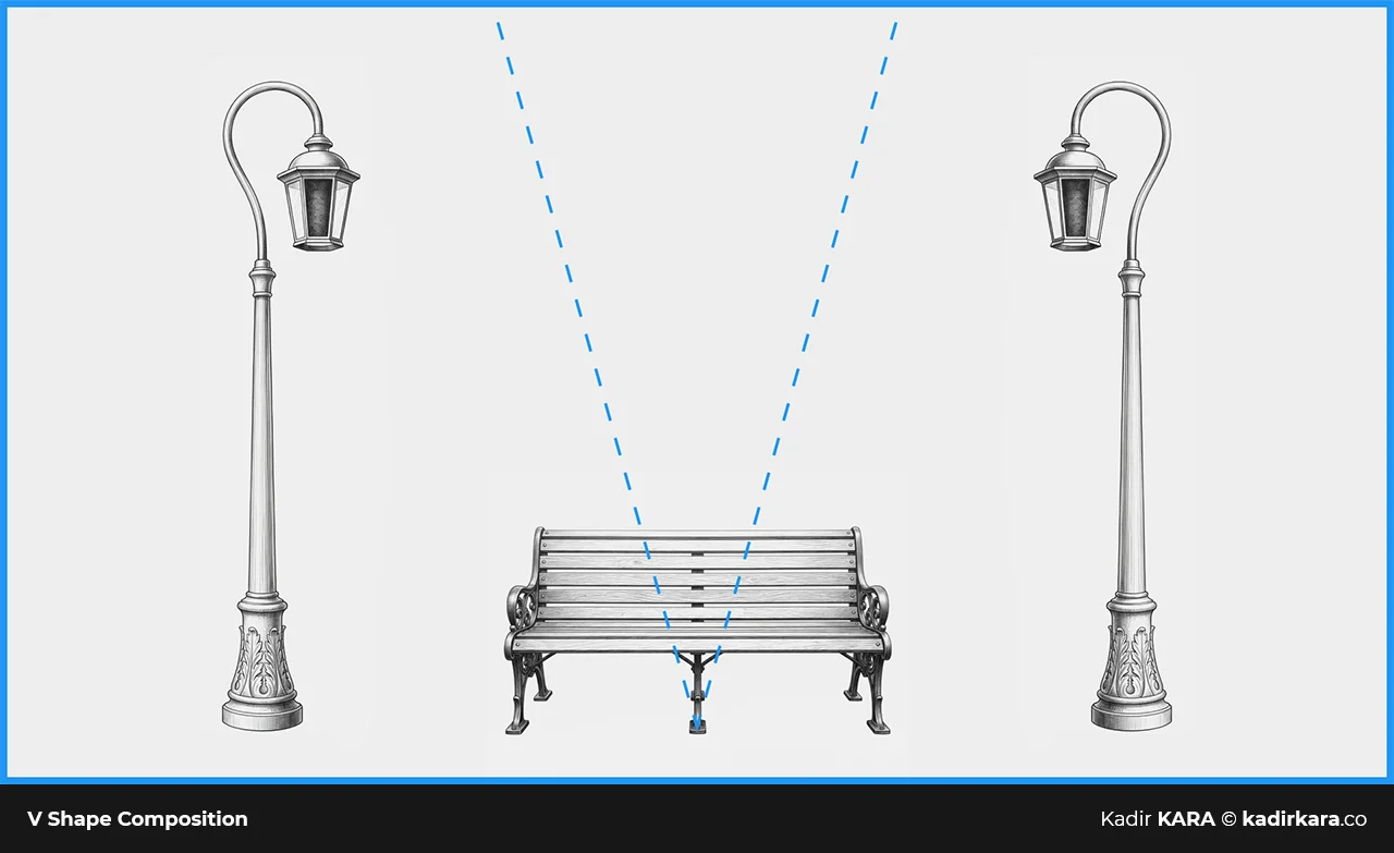 A bench between two street lamps, framed by lines converging in a V-shaped composition.