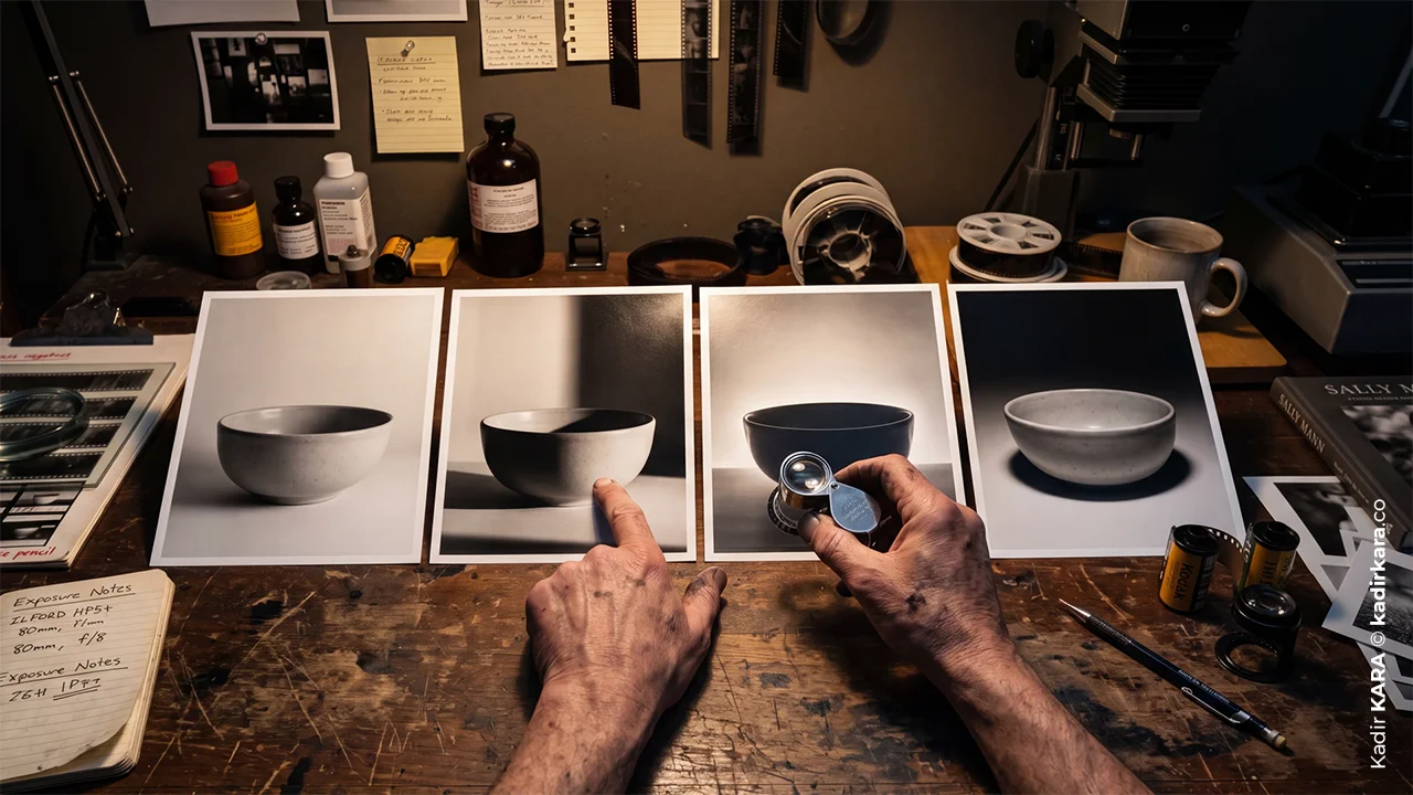 Prints of the same bowl, photographed from four different lighting directions, are compared on a table in a dark room.