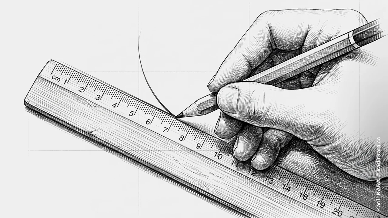 A hand drawing a curved line with the aid of a ruler, working on graph paper.