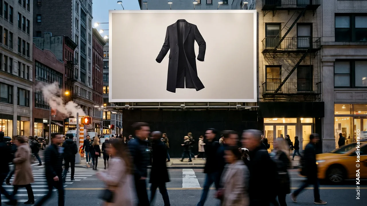 A giant billboard on a city street displays only a black coat
