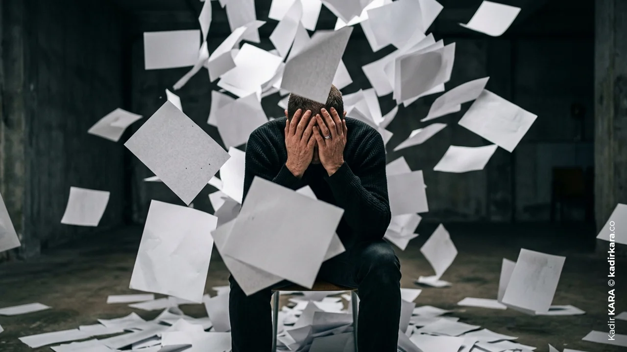 A designer holding their head amid a flurry of scattered papers, stressed by graphic design mistakes.