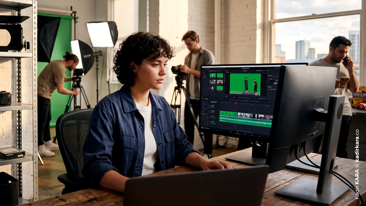 An editor watching the composite image on the editing screen in a studio where green-screen filming is taking place.