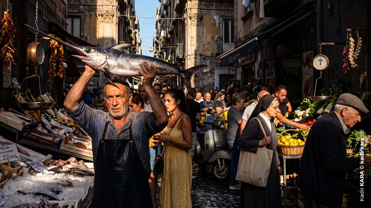 A swordfish held up in the air at a narrow street market is surrounded by sharp shadows cast by strong side lighting.