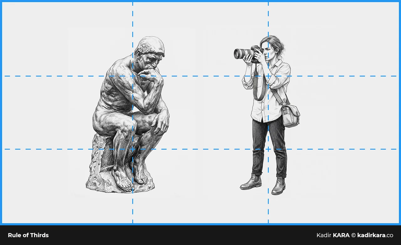 The Thinker statue and a photographer, positioned at the power points of the rule-of-thirds grid.