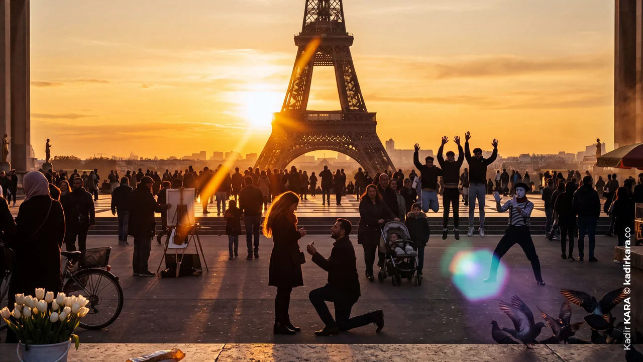 A couple in front of the Eiffel Tower, one kneeling to propose, bathed in sunset light and lens flare.
