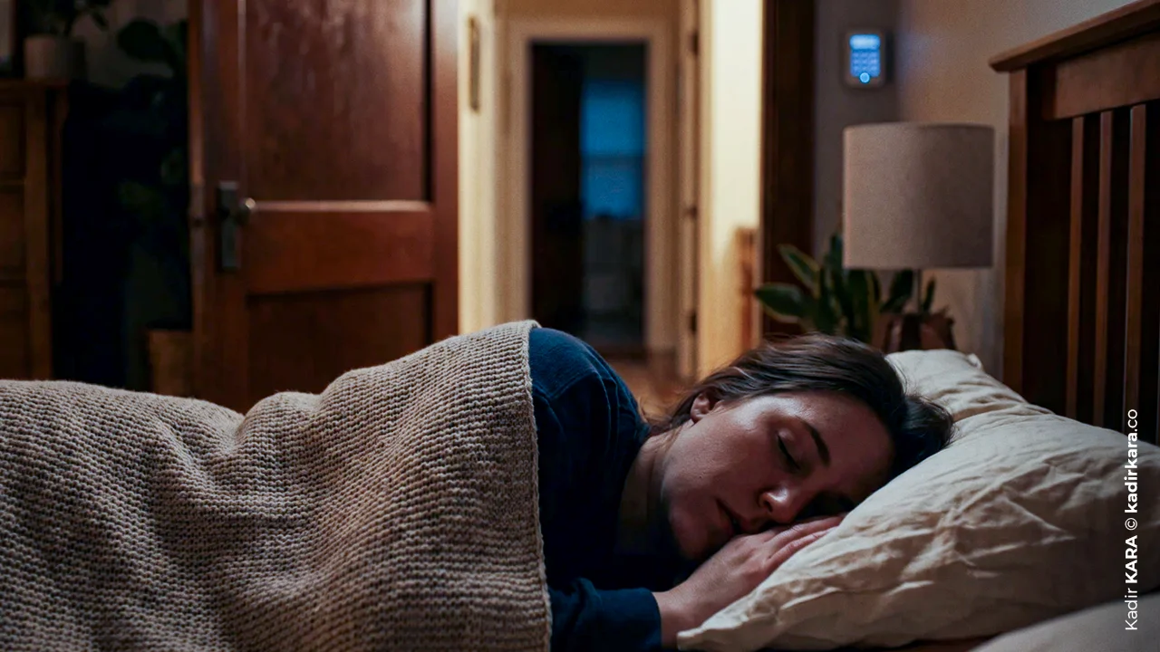 A woman wrapped in a blanket sleeps peacefully next to a home security panel
