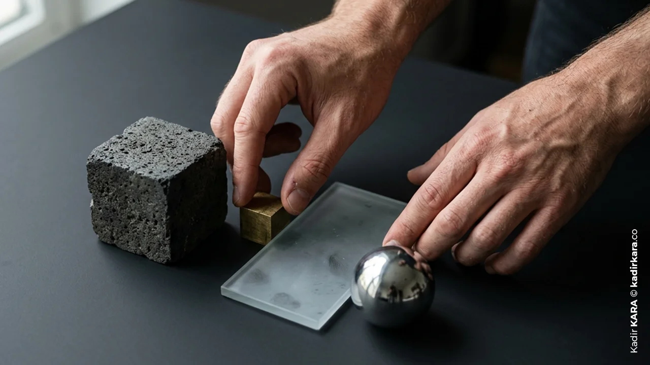 Hands arranging a rough-textured stone cube, a transparent panel, a matte gold cube, and a glossy metal sphere.
