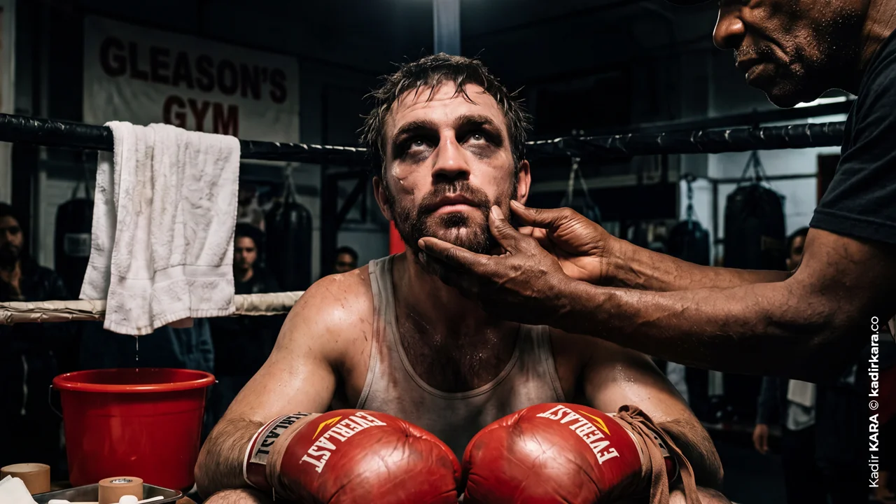 A tired boxer lit by the harsh light of a single bulb hanging overhead in a boxing gym.