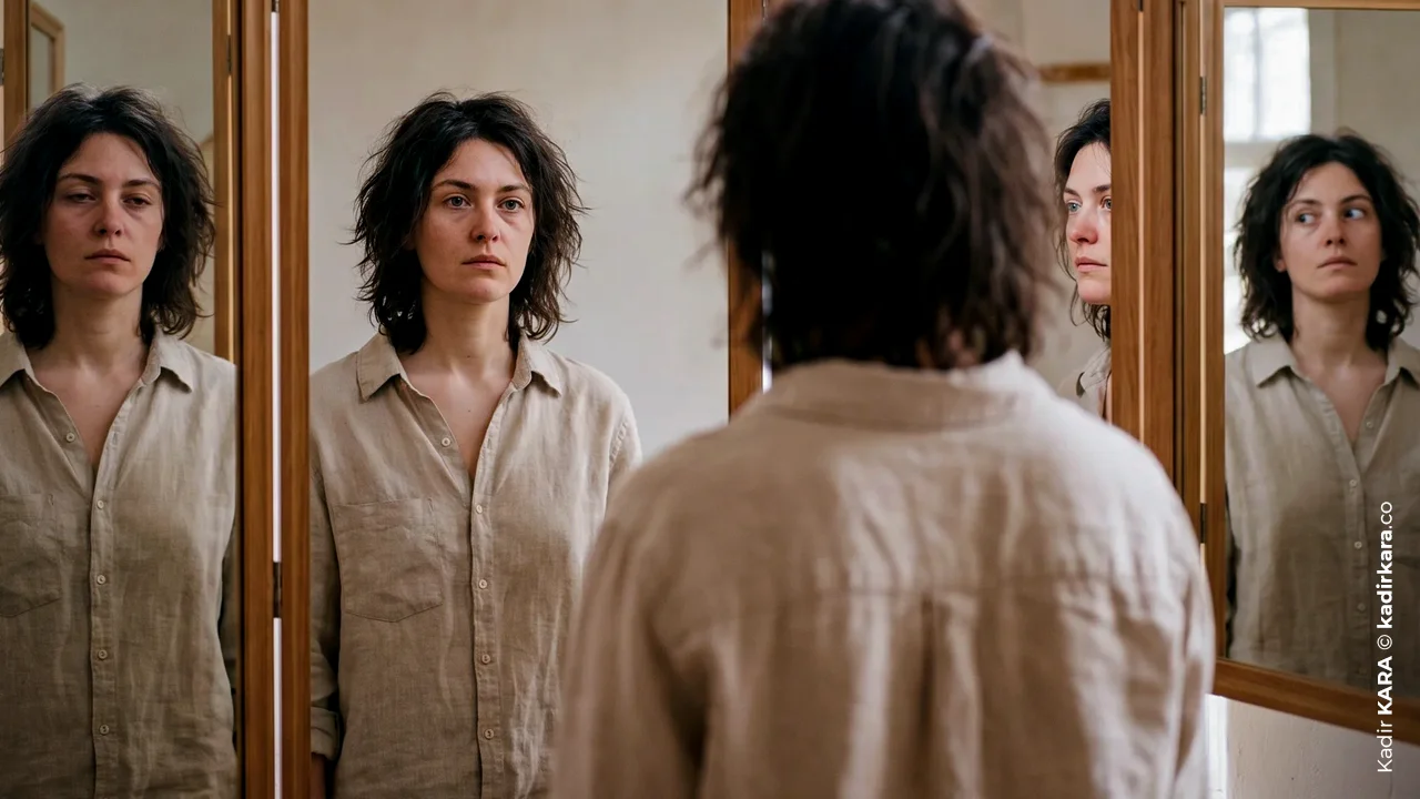 A woman examines her own reflection from different angles in a folding mirror
