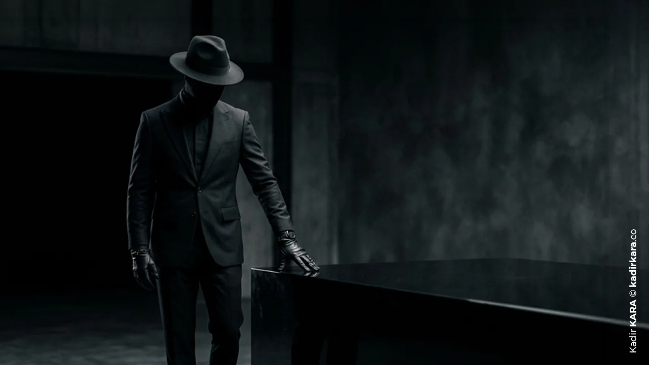 A mysterious man in a fedora and gloves stands with his hand resting on a black table.