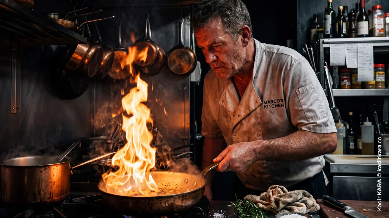 A chef flambéing a pan in the kitchen, illuminated by light rising from the flames below.
