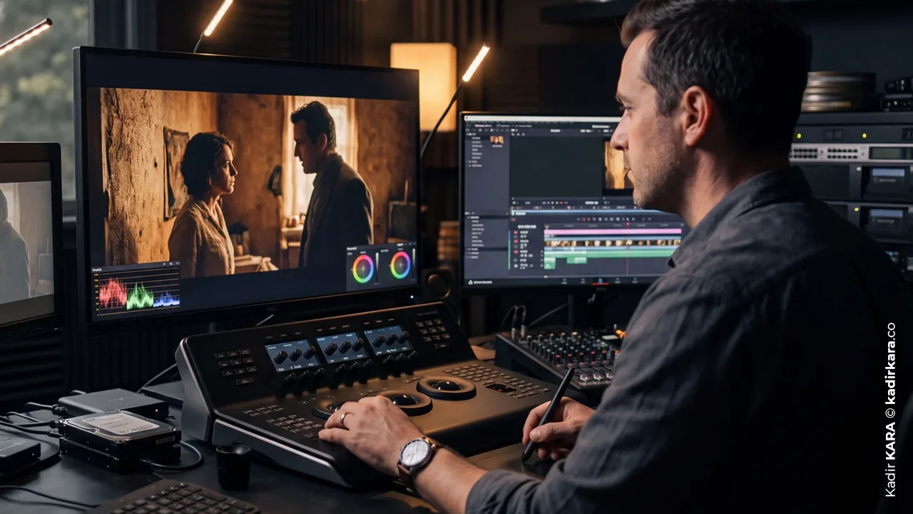 A post-production specialist processing a film scene using a color grading panel.
