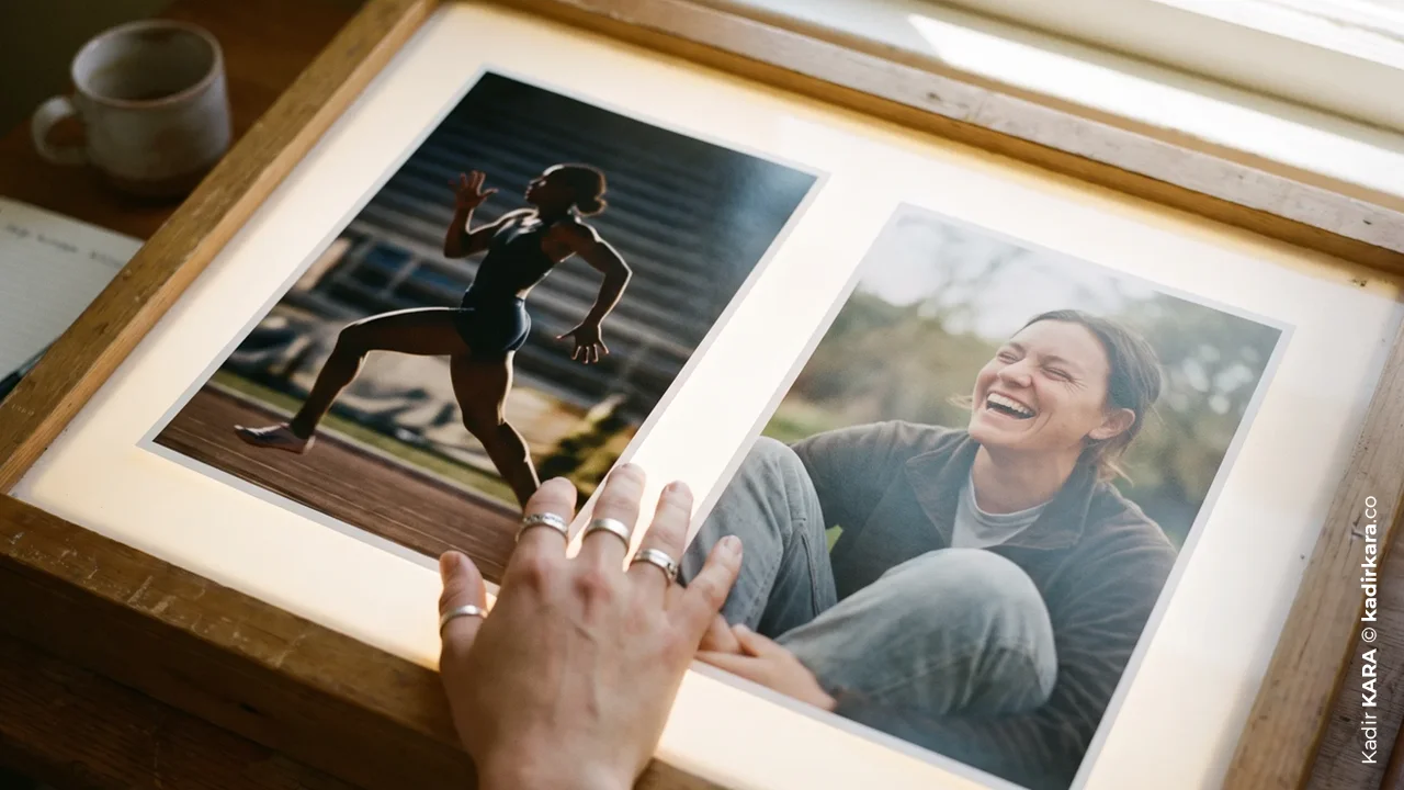 Photos of a running athlete and a laughing woman sit in a frame