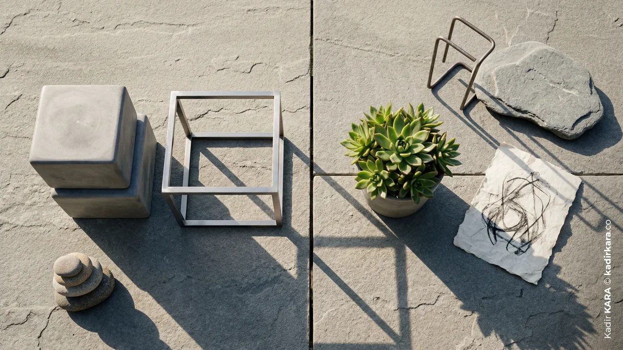 A paired arrangement on a stone floor featuring concrete cubes alongside a potted plant and rocks.