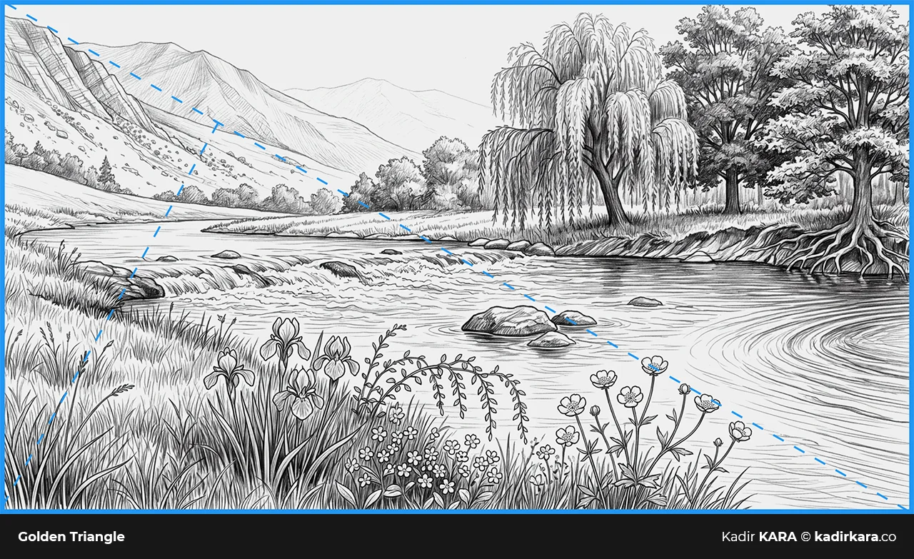 An example of the golden triangle with diagonal lines passing through willow trees on a riverbank.
