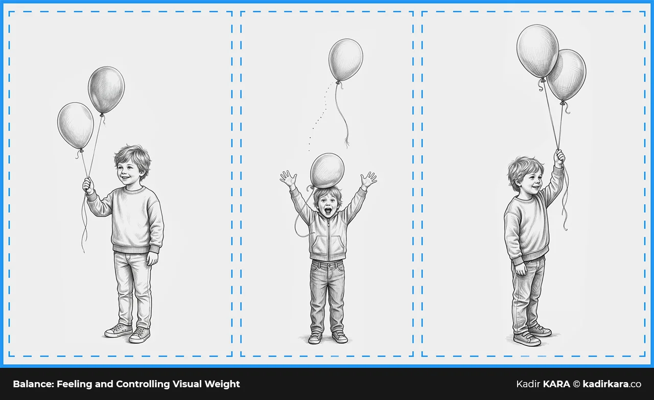 A sense of weight and balance conveyed through a child holding a balloon across three different scenes.