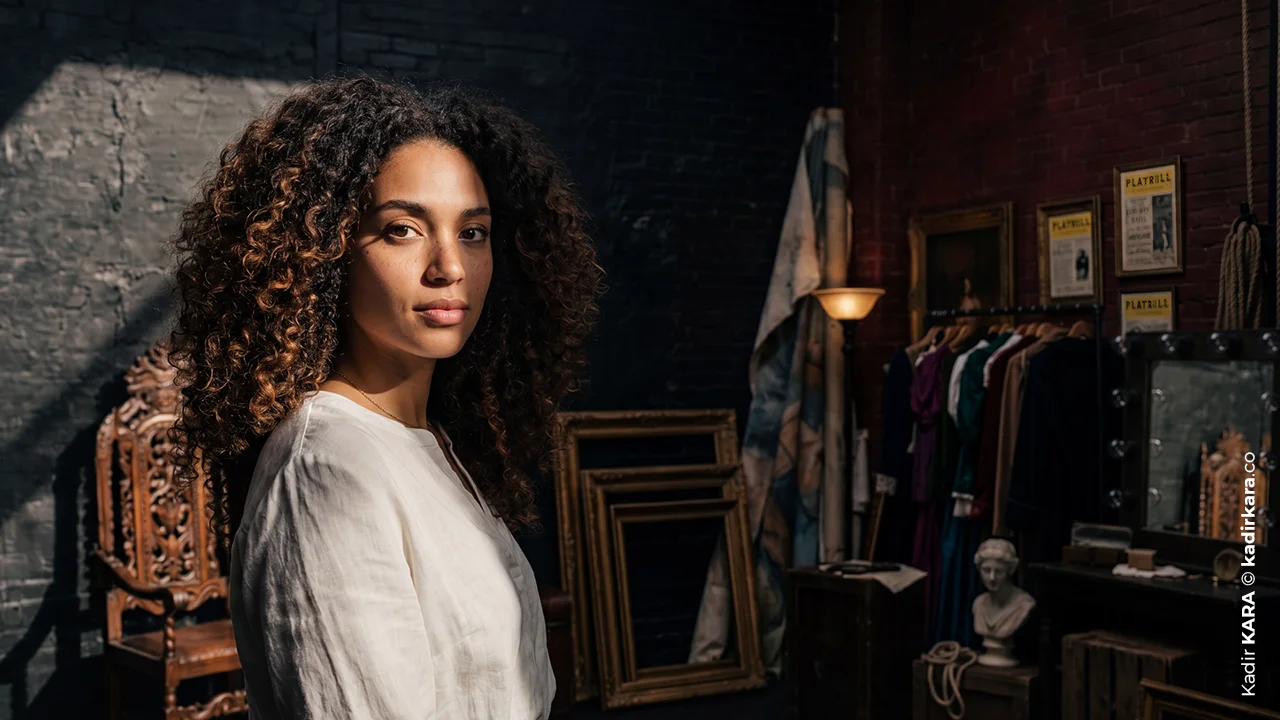 The same woman is captured in the costume room with a sharp shadow line created by harsh side lighting.