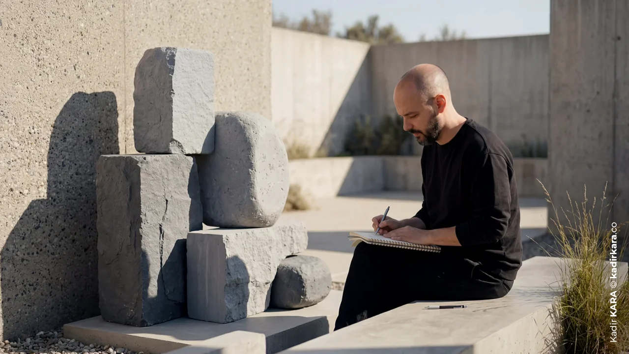 A man dressed in black taking notes in his notebook beside roughly hewn stone blocks.