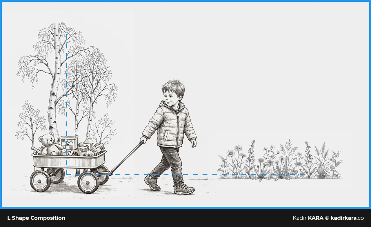 A child pulling a cart full of toys among birch trees, moving toward flowers in an L-shaped composition.