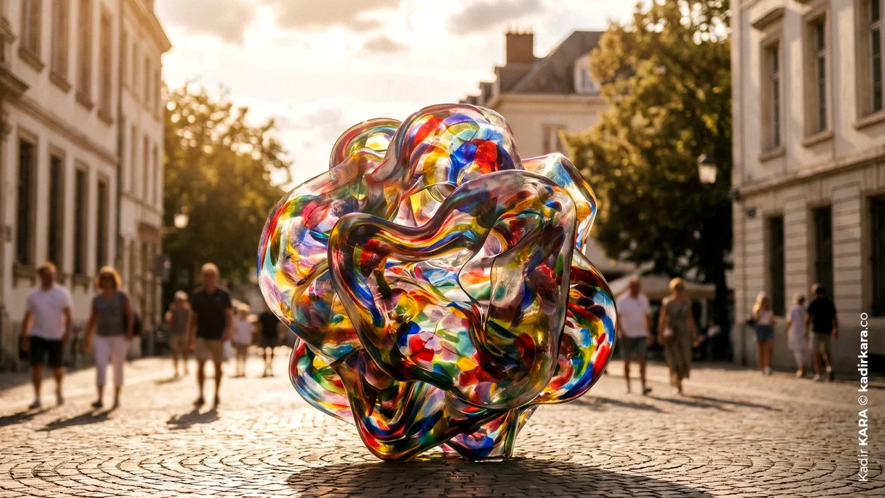 A multicolored glass sculpture displayed among pedestrians in a historic square, symbolizing the diversity of color psychology.