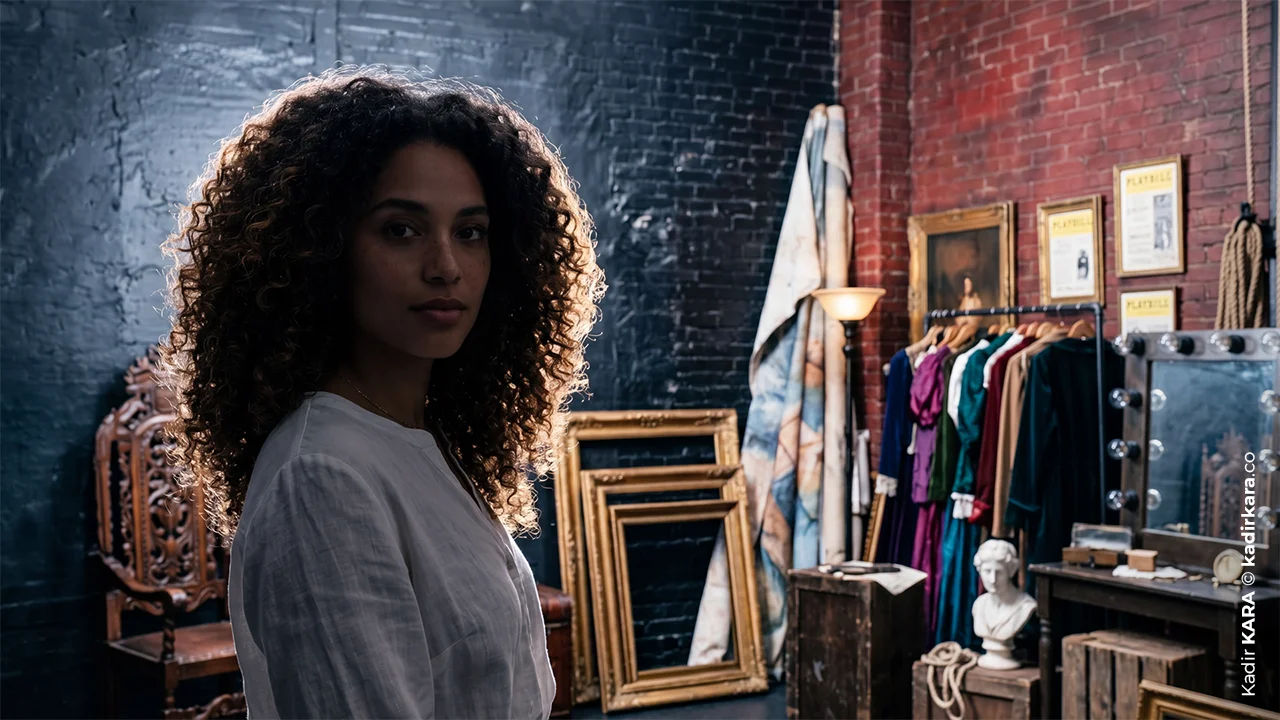 The same woman nearly turns into a silhouette under harsh, cool backlighting in the dark costume room.