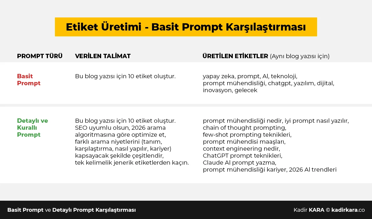 Basit ve detaylı prompt mühendisliği örnekleriyle üretilen etiket listelerini karşılaştıran tablo