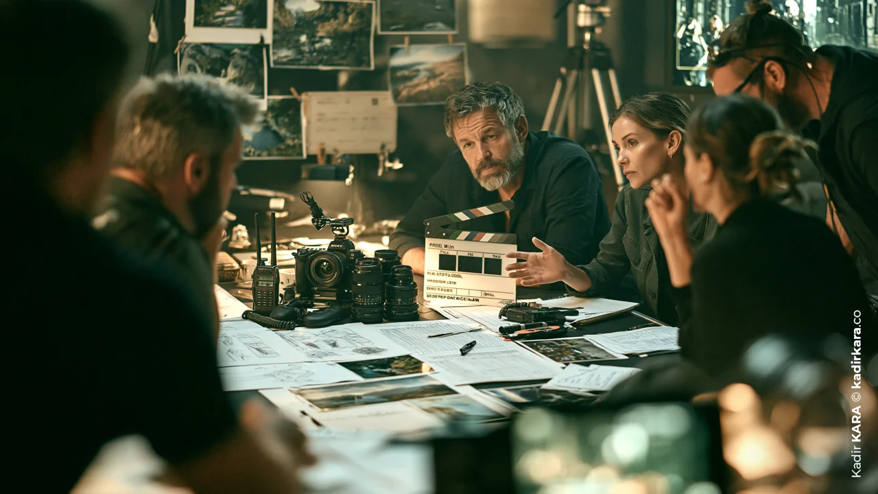 A director directing his team with a clapperboard in hand at a pre-production meeting