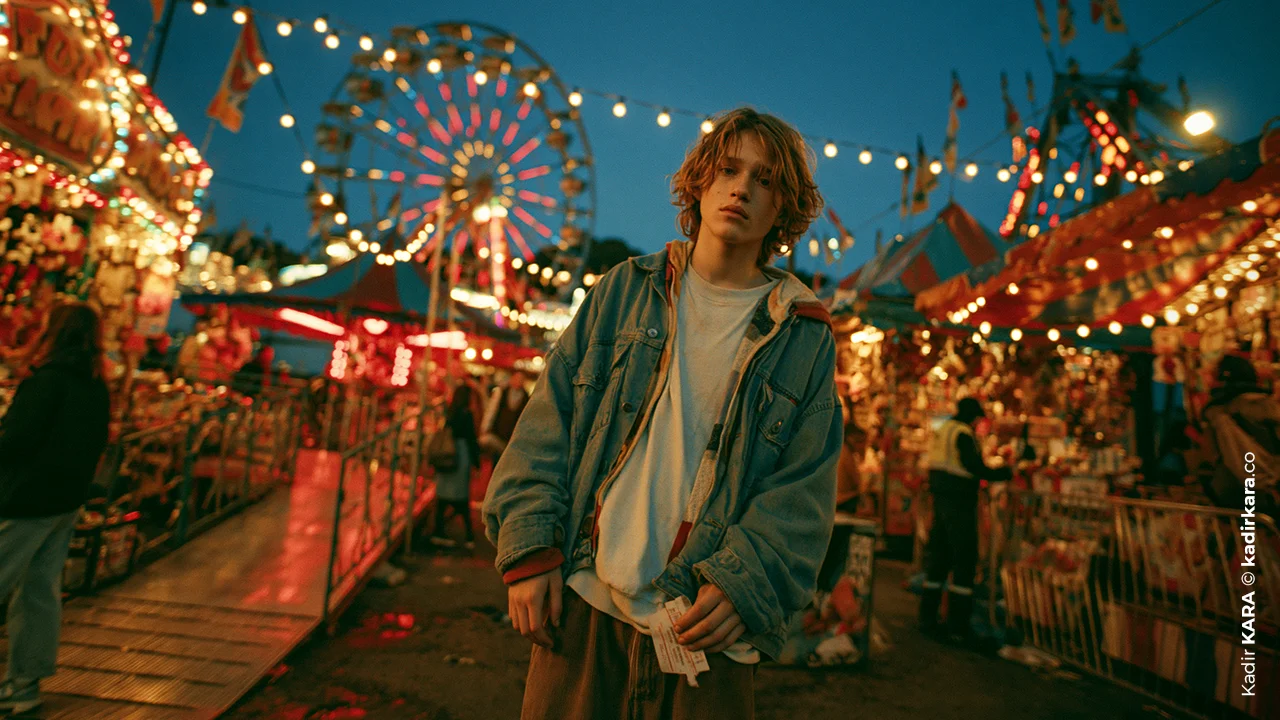 A camera angles difference: a young person standing in front of a Ferris wheel at a night funfair, at a tilted angle