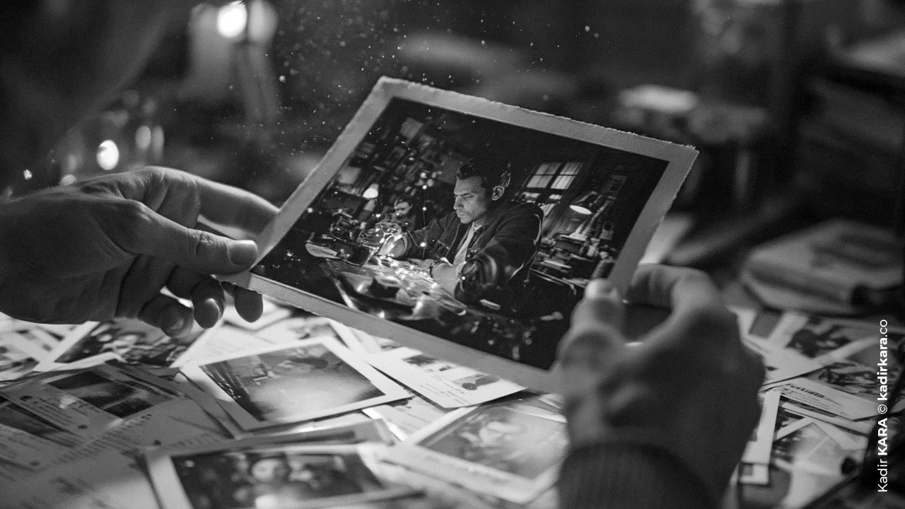 A black and white photograph held in hand among old prints scattered across a table