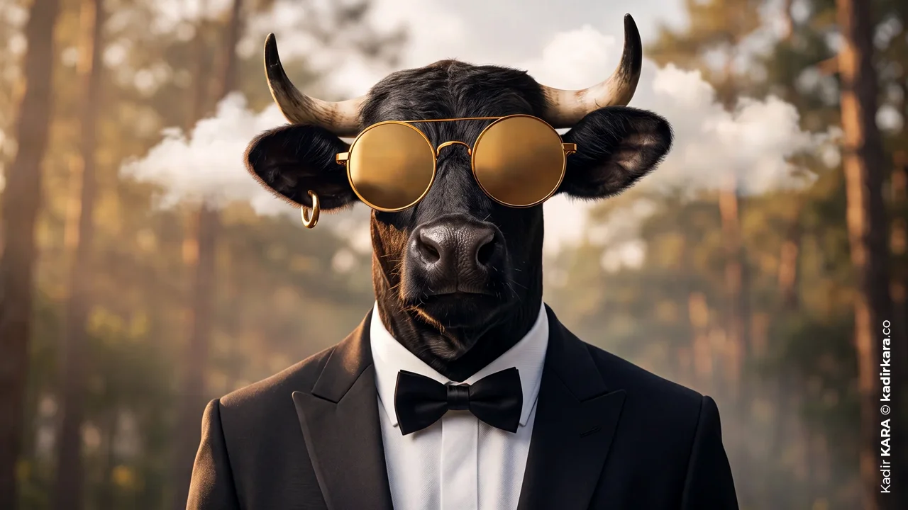 A studio portrait of a majestic bull wearing sunglasses and a tuxedo, shot in a forest.