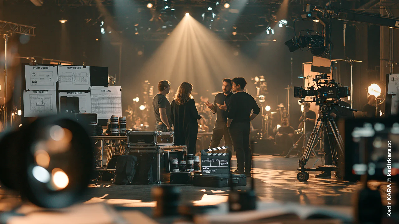 Production crew gathered in front of storyboard boards, under hazy set lighting