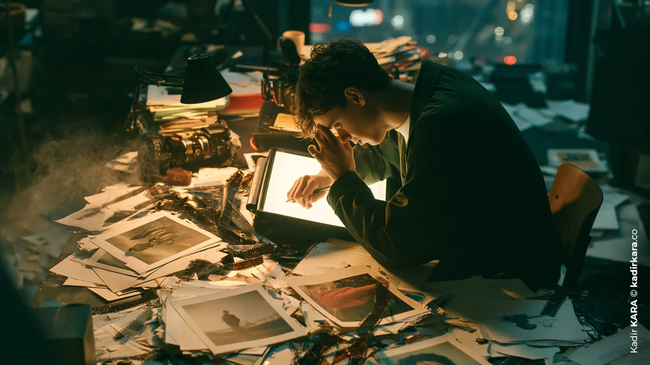 A photographer examining negative film strips with a pen in hand at a light table at night