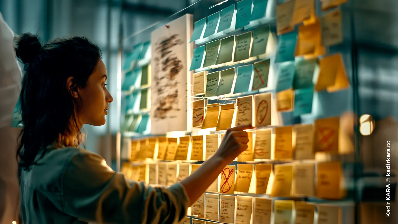 A woman examining a large board covered in turquoise and yellow sticky notes