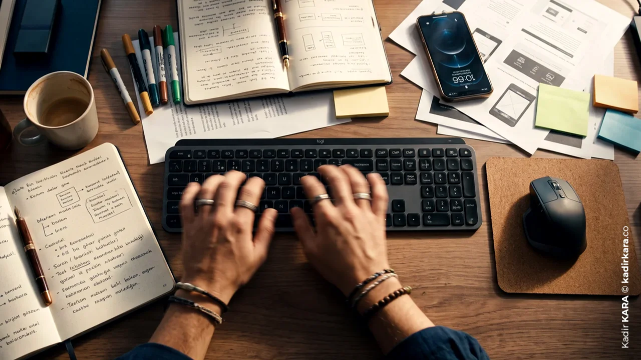  The desk of a creative professional typing on a keyboard, next to design sketches and a phone interface.